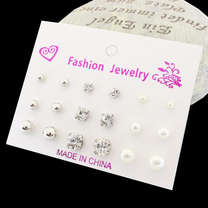 European  American Crystal Zirconia Pearl Stud Earrings Set