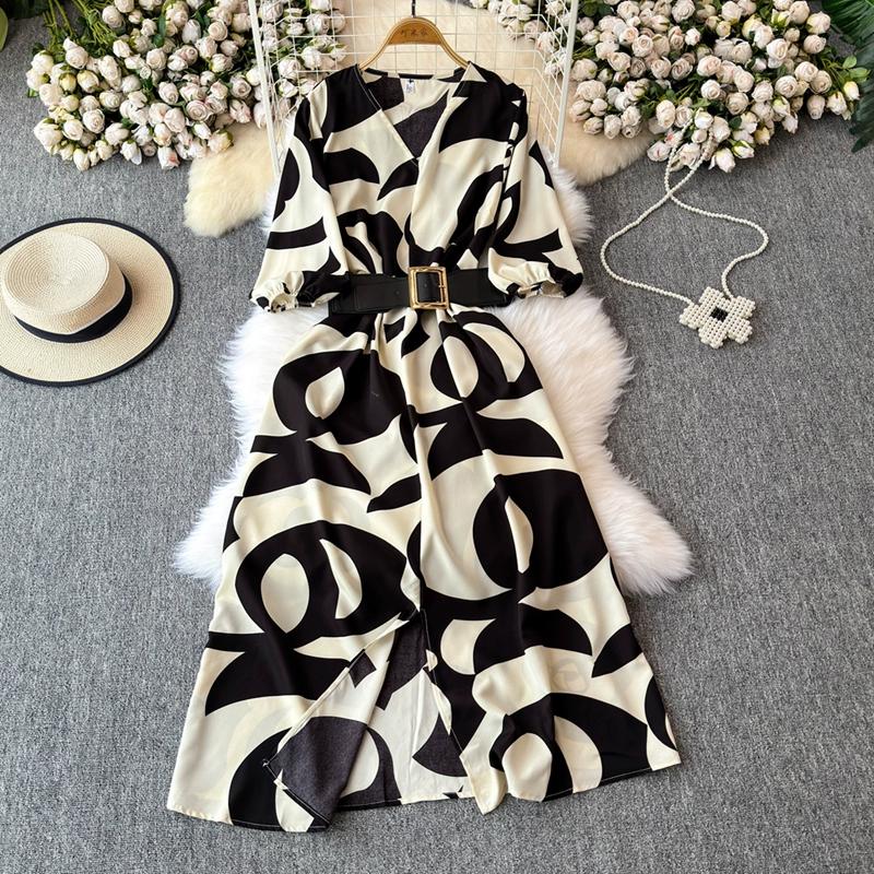 Stil franțuzesc, vară lungă, îmbrăcăminte nouă pentru femei, textura de înaltă calitate, rochie rafinată cu decolteu în V