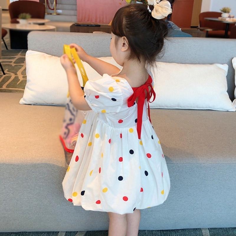 Summer Toddler Girls Polka Dots Dress Puff Short Sleeve Ruffle Ball Gown Dresses O-Neck Back Lace-up Pleated Dress Children Outfit 3-8T