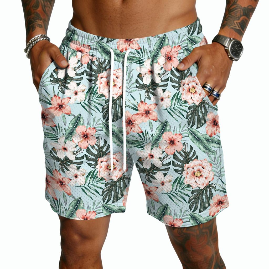 Men Drawstring Casual Shorts Lightweight Quick Dry Five Inch Inseam Relaxed Fit with Hawaiian Print for Daily Wear Beach Sports