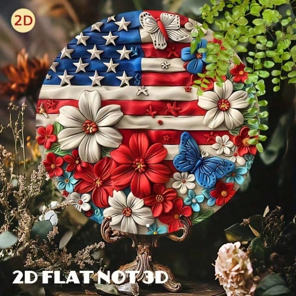 American Patriotic Metal Wall Art, Round Aluminum Flag Decor, Red White Blue Flowers Butterflies Stars, Vintage Home Sign