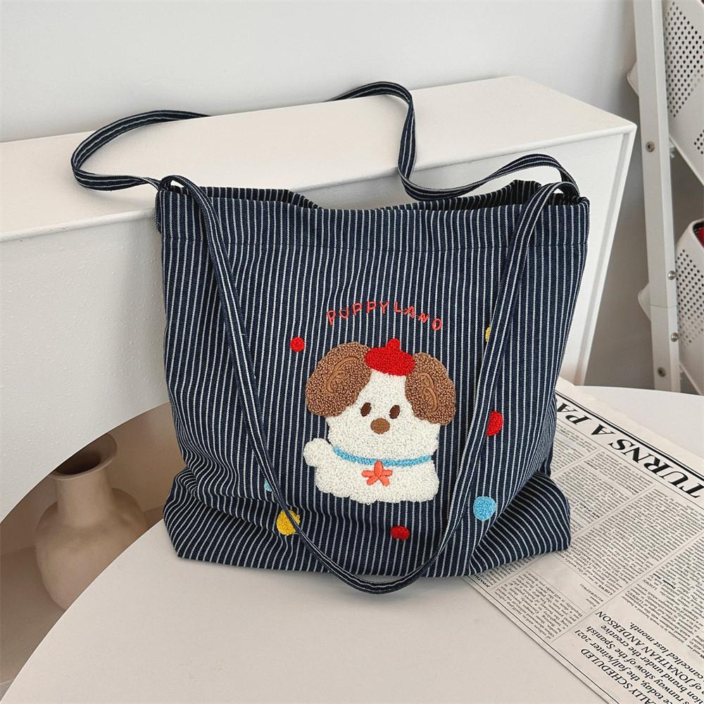 Adorable Korean Style Cartoon Dog Embroidered Striped Canvas Tote Bag For Students