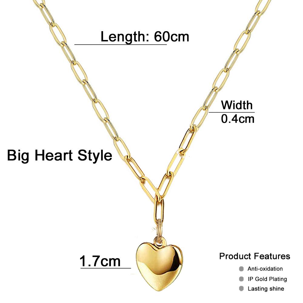 Stainless Steel Paperclip Chain Puff Heart Pendant Necklace For Woman Fashion Heart Jewelry Gifts