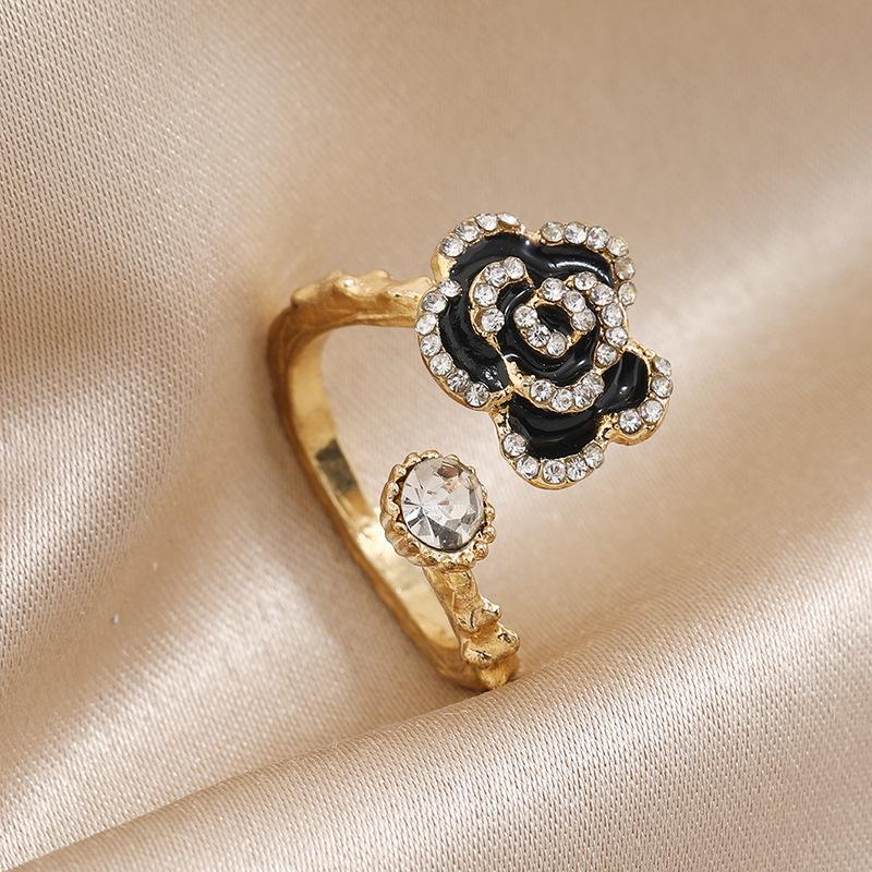 Korean Trendy Rhinestone Peony Flower Open Ring Creative Design