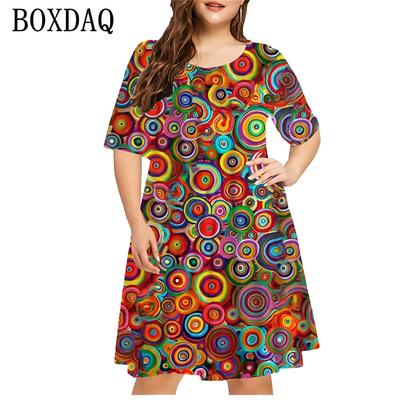 Colorful Circle Pattern Women's Dresses Plus Size Loose Summer Fashion O-Neck Short Sleeve Dress Casual 3D Printed Clothing 8XL