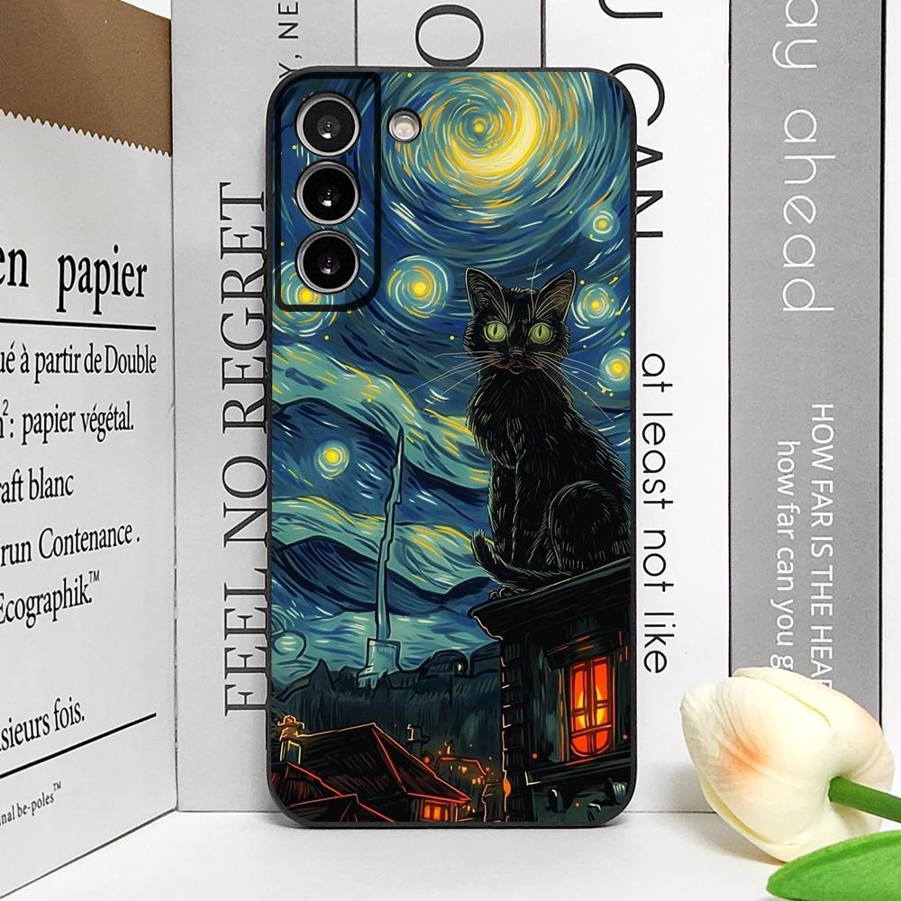 Cute Van-Gogh Starry Night Cat Phone Case for Samsung Galaxy S22 S23 S24 Ultra S25 Plus S21 FE 5G Soft Silicon Cover Fundas Capa