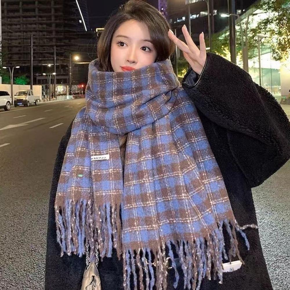 Tassel Winter Cashmere Scarves Plush Long Shawl Retro Plaid Wool Scarf  Autumn