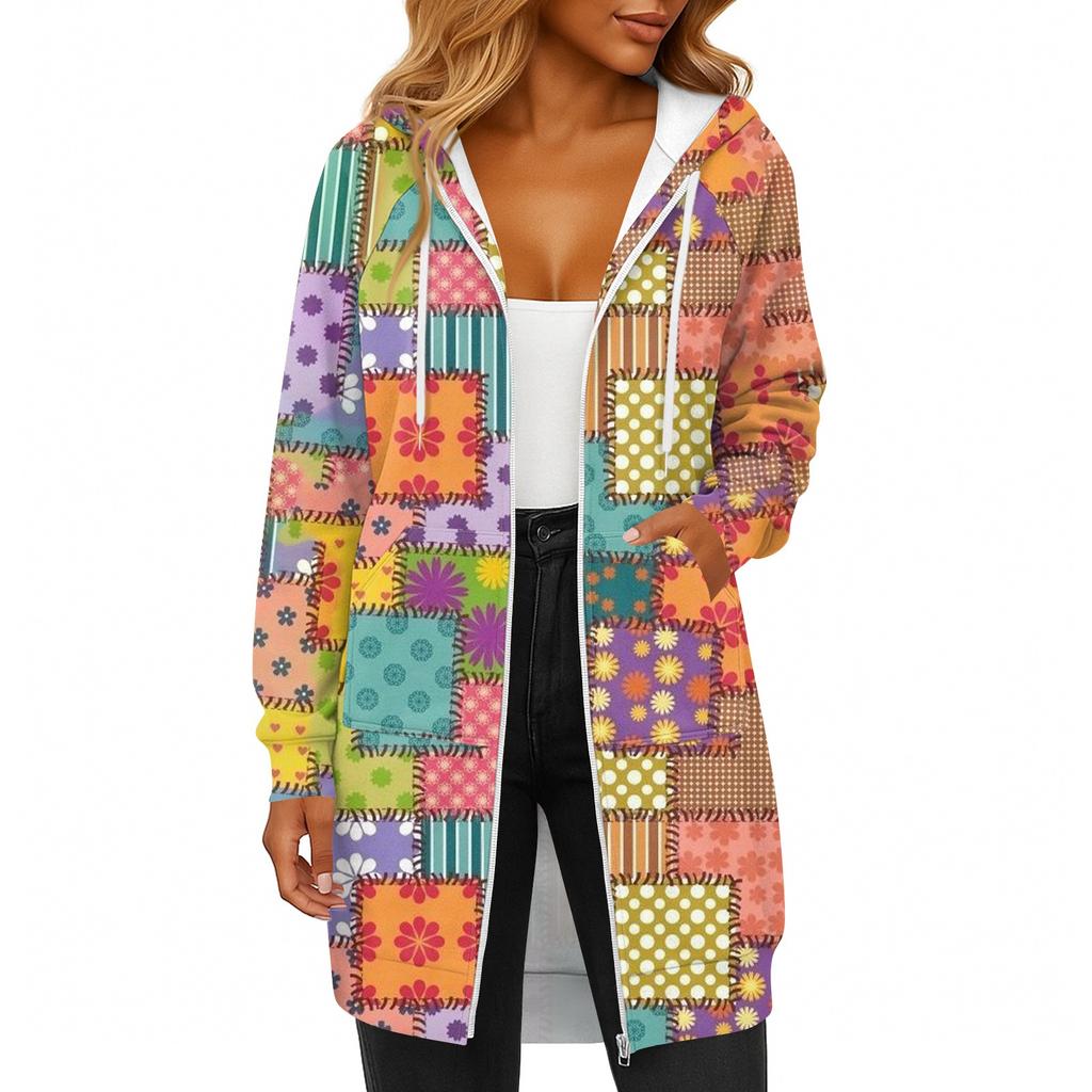 Women's Fashionable Printed  Long Sleeved Drawstring Hooded Zipper Pocket Long Casual Sweatshirt Jacket