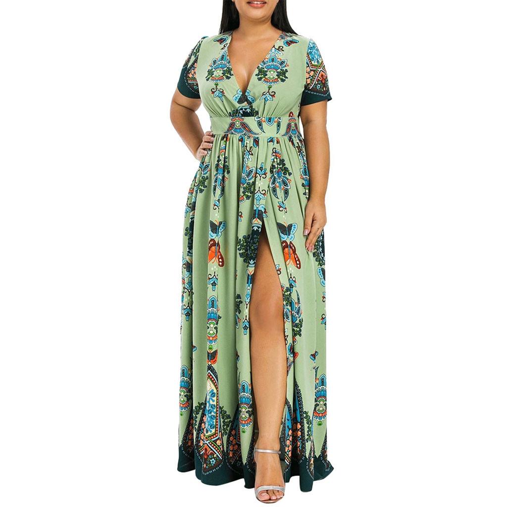 Plus Size Mode Damen Schmetterling bedrucktes V-Ausschnitt Kurzarm lässiges langes Kleid