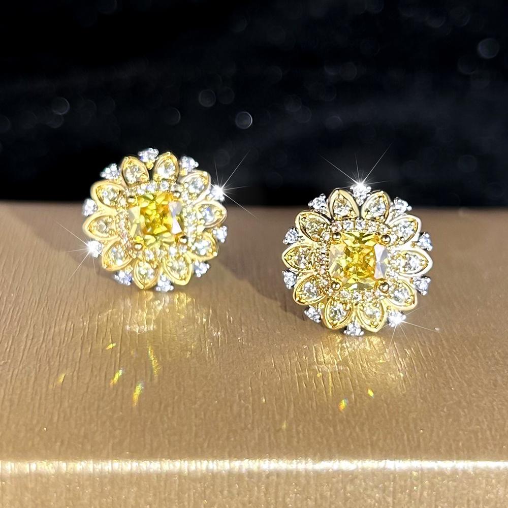 Trendy Sun Flower Yellow Crystal Square Stone Stud Earrings For Women Vintage Gold Color Wedding Earring Valentine Jewelry Gifts