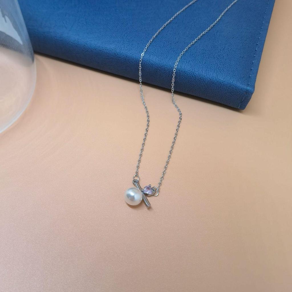 Titanium Steel Tassel Pearl Necklace with Zircon - Women's Luxury Clavicle Chain