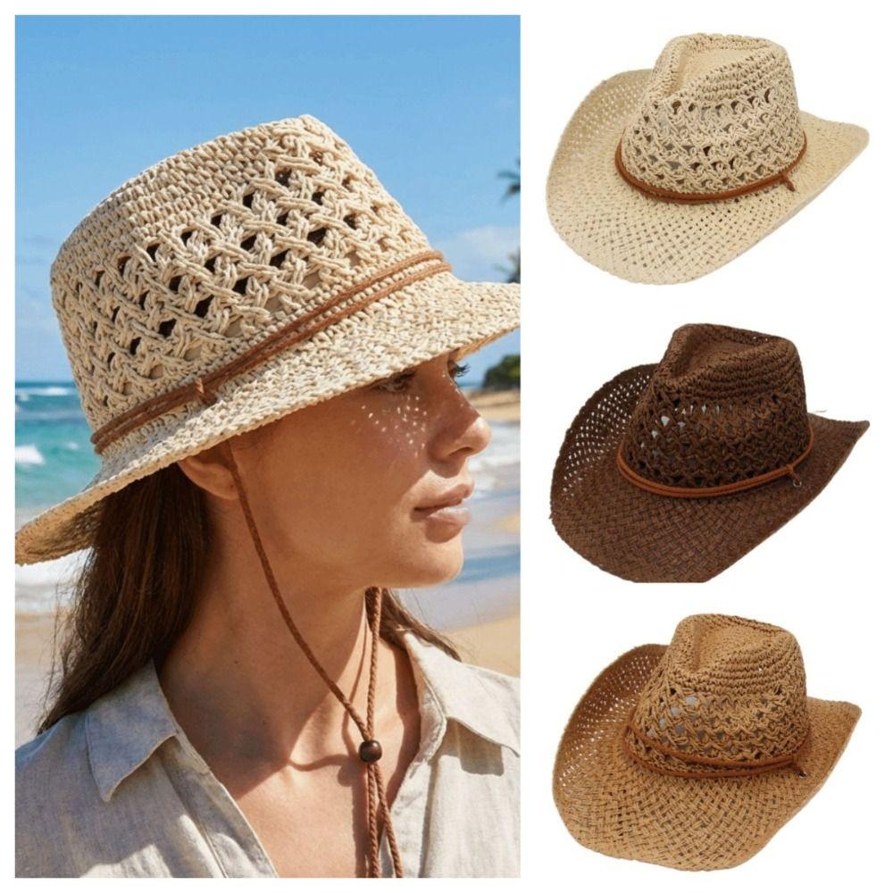 Wide Brim Sunscreen Straw Hat Solid Color Fisherman Hat Retro Western Cowboy Hat  Girl