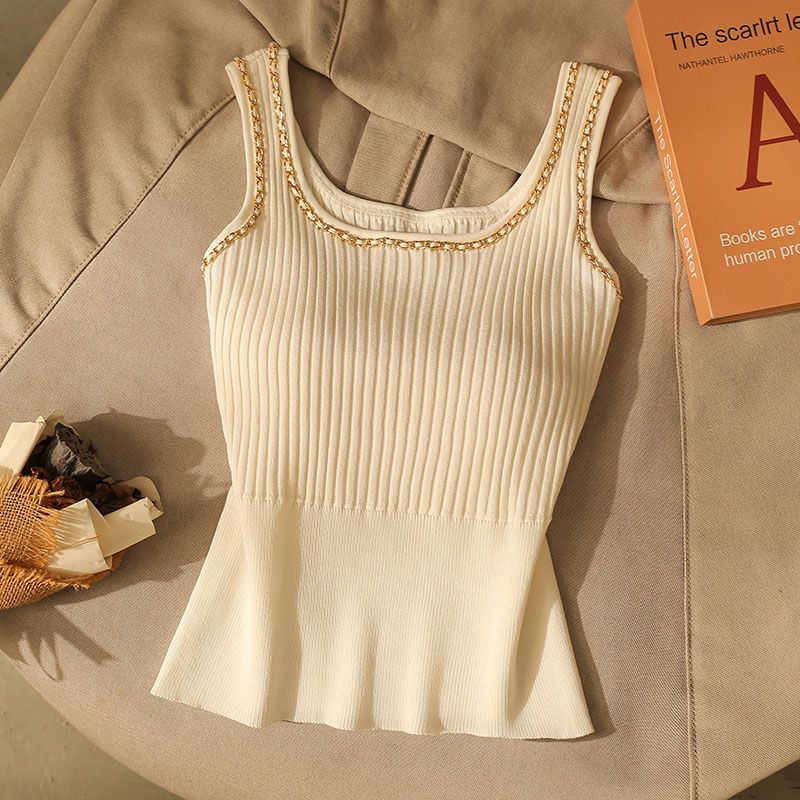 Women's Ice Silk Knit Camisole Summer Slim Fit Stylish Unique Chain Lining Top