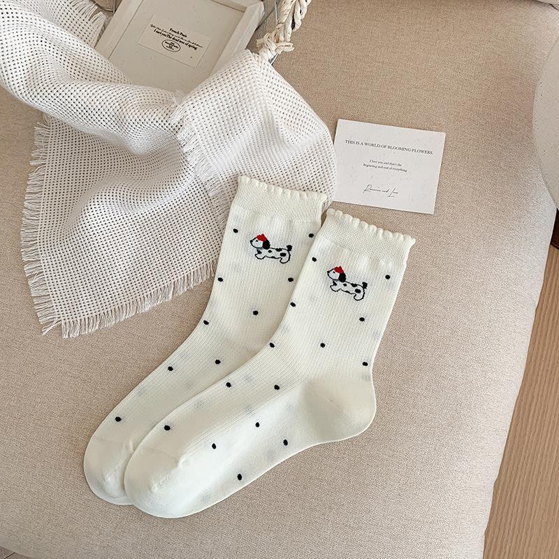 

Носки с щенками, Женские хлопковые носки на весну и осень, Носки до середины икры, Модные и дышащие хлопковые носки, Милые носки с махрой и кружевной оборкой 1 pair