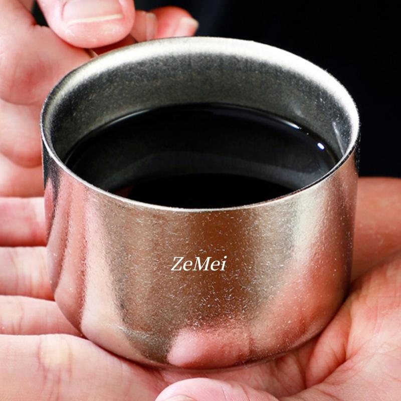 1Pcs Pure Titanium Double-Wall Mini Coffee Mug,Handheld Water Cup Silver-Gray Drinking Office Tea Mug 100ml Exquisite Coffee Cup