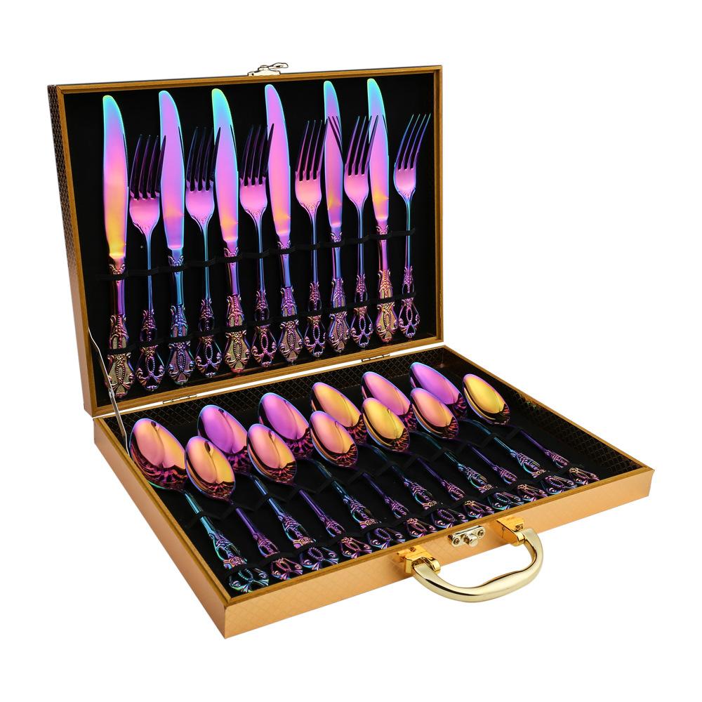 Stainless Steel Relievo Tableware Set, Banquet Western Tableware, Golden Gift Box, Retro Knife, Fork, Spoon, 24 Pcs