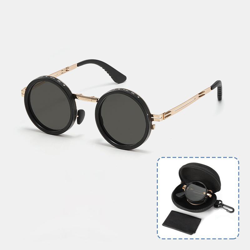 SHAUNA Full-folding Light-reducing Metal Punk ND9-level Adjustable Dimming Round Polarized Sunglasses UV400 With Case
