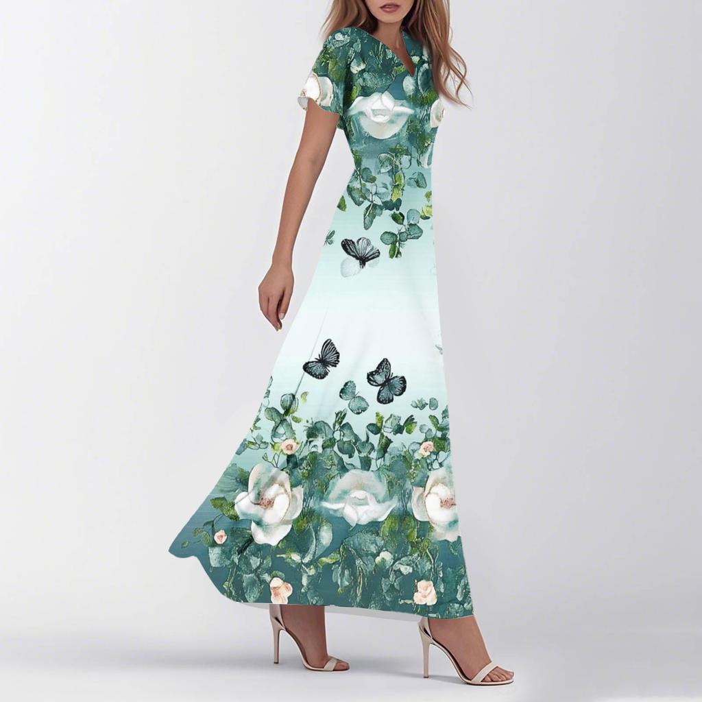 Kjole med korte ermer og V-hals for kvinner, sommer og avslappet mote