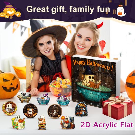 2025 Halloween Ghost Reading Ornament Set 24 Days Advent Calendar 2D Acrylic Reading Ghost Countdown Calendar for Party Decor