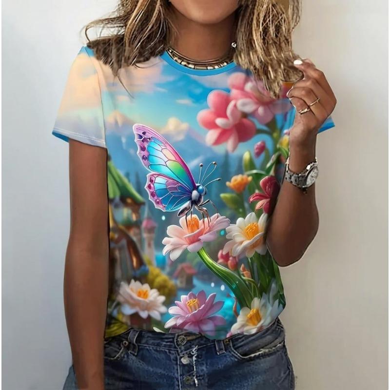 Colorful Floral Printed Women's T-Shirt For Summer Fashions Casual Round Neck Plus Size Tops S-3xl Daily Streetwear Tee 2024 New