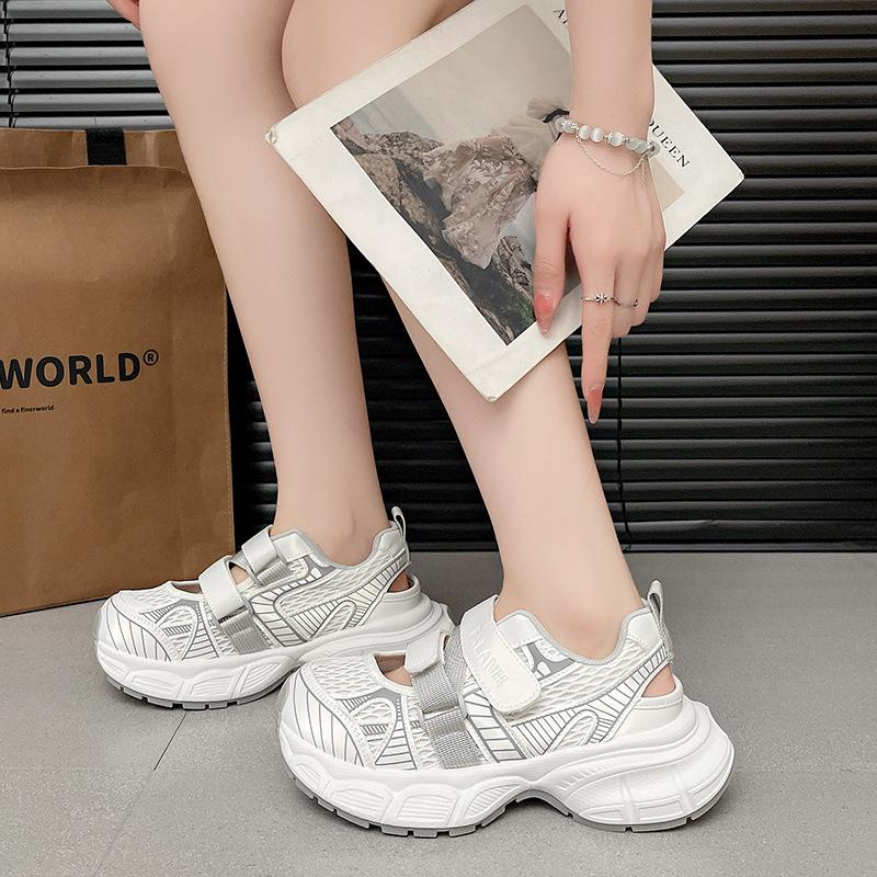 Leather hollow dad shoes women's 2025 new summer mesh breathable sports sandals versatile height increase casual shoes trend