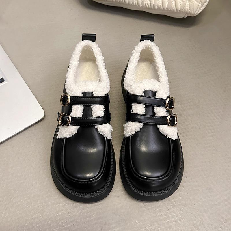 Fashion British Style Leather Shoes for Girls Winter 2024 Thick Soled Lamb Wool Warm Uniform School Cotton Shoes Plush PU Woman