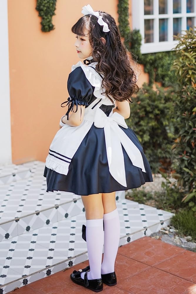 Madrugada Maid Costume for Deluxe Set Halloween Tattoo Elementary School S811 Girls, 7-Piece (Dress, Choker, Headband, Apron, Cufflinks, Socks,