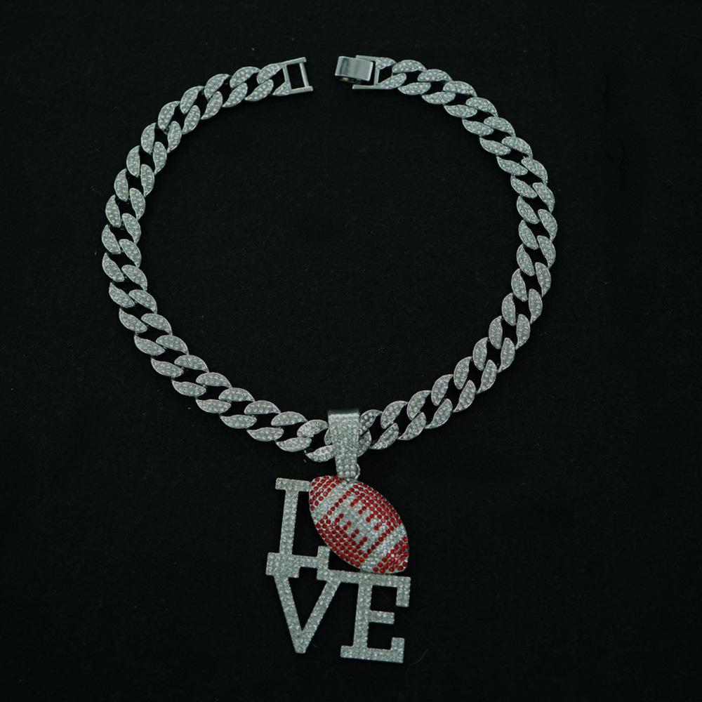 Fashionable Men's Colorful Diamond LOVE Rugby Alloy Pendant, European and American Hip-hop Men's Necklace, Personalized and Colorful
