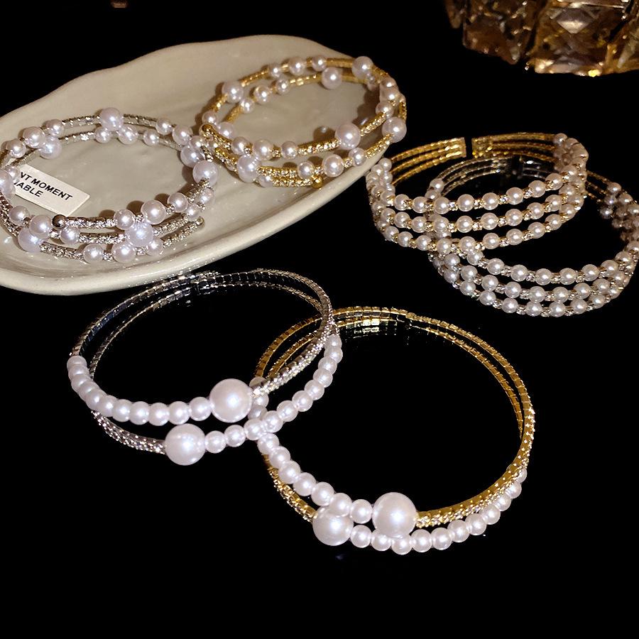 Iridescent Pearl and Diamond Multi-Layer Open Cuff Bracelet - Exquisite European and American Design