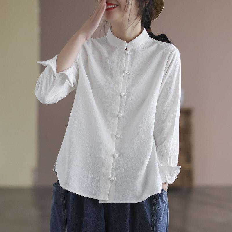 Cotton Linen Spring and Autumn Zen Women's Button-down Top Solid Color Long-sleeved Retro Literary Loose Age-reducing Shirt