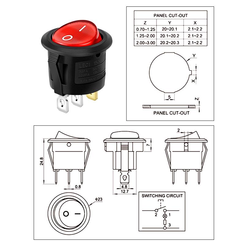Waterproof Round Boat Rocker Switch with Illuminated Button, 2 Pins, 6A 250V, 20mm Hole