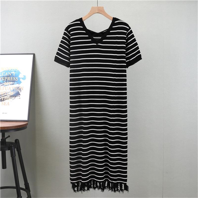 Women's Summer Short Sleeved Casual Knitted Striped Dress Tassel Mid Length Dress
