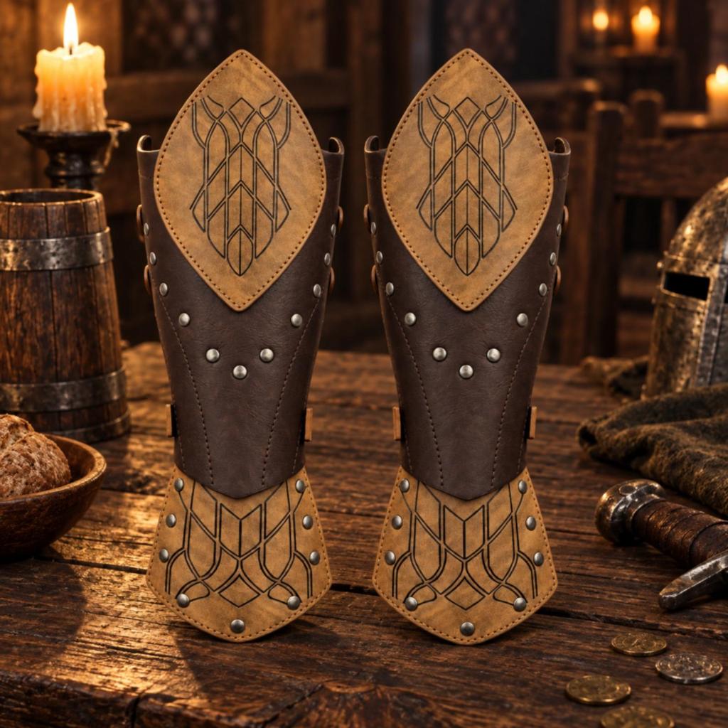 Cosplay Bracer with Embossed Panel Lightweight Leather Forearm Adjustable Arm Guard