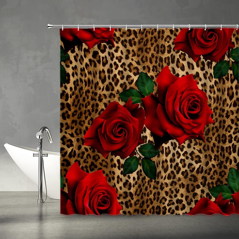 

Leopard Flower Shower Curtain Red Rose Floral Valentines Wild Animal Print Mix Skin Pattern Creative Modern Woman Fabric Bathroo 120x180cm