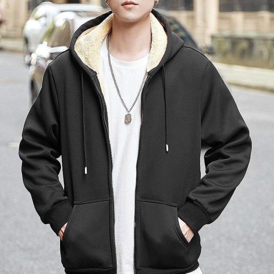 Pánský zimní kabát Silný měkký plyš S kapucí Stahovací šňůrka Dlouhý rukáv Volný zip Zapínání Cardigan Teplá jednobarevná Pánská bunda