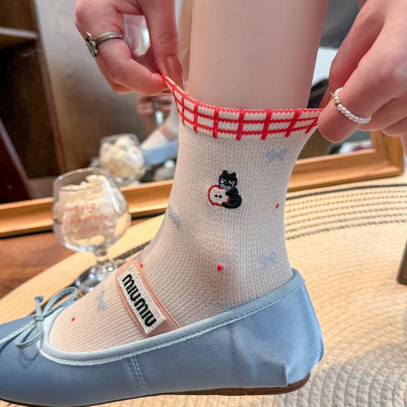 Women's Cute Japanese Cartoon Lace Socks - Thin Spring/Summer White Mid-Calf Style