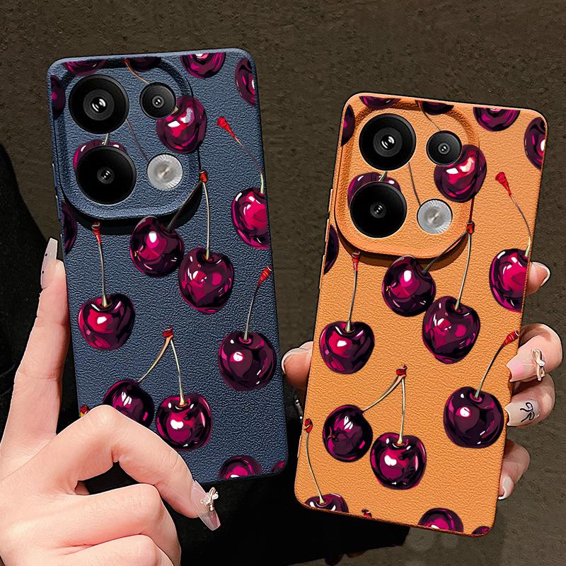 Retro Oil Painting Style Cherry Pattern Case For Xiaomi 14T 13T 11T Pro Funda Redmi Note 14 13 Pro 5G 12 11 Leather Texture Silicone Cover
