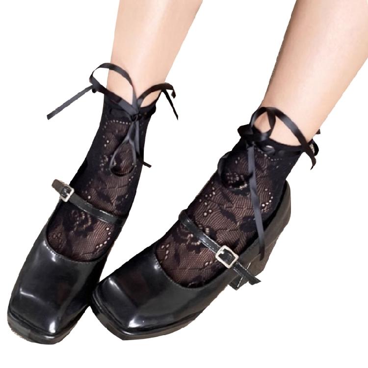 Women s Tie Bowknot Ankle Socks Summer Sweet Hollow-Out Lace Middle Tube Socks