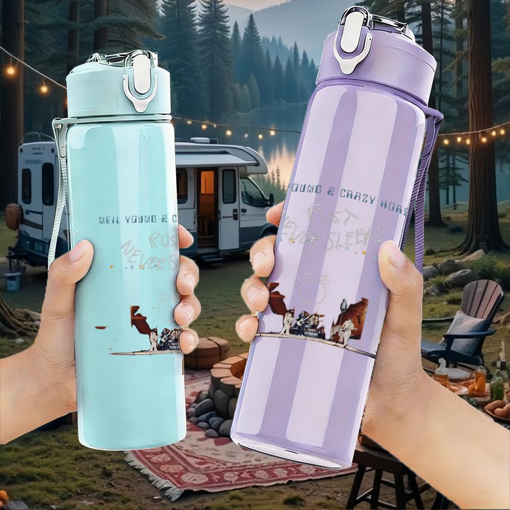 1PC Faint light blue faded band text sketch print 750ml colorful plastic sports water bottle leakproof pop up lid with straw for outdoor work home use