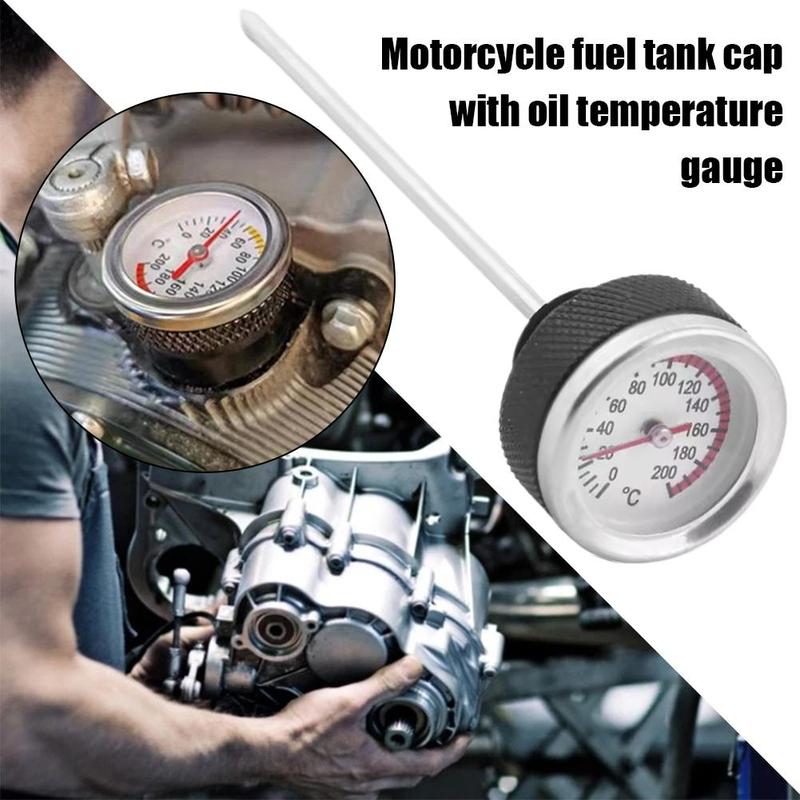 Motorcycle Fuel Tank Caps With Oil Temperature Gauge Pointers 0-200℃ Dial Black Meter Silver Gauge M20x1.5/M20x2.5 K9C9