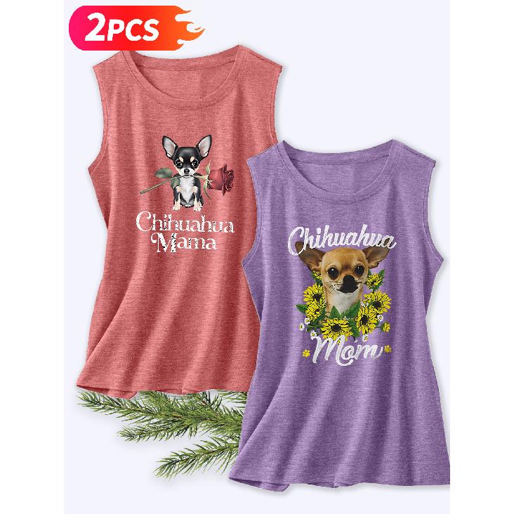 Follow a Specific Direction Two-piece Women's Vest Set Chihuahua Sunflower Rose Print Elegant Summer Party Outfits Sleeveless Vest Essential Fashion