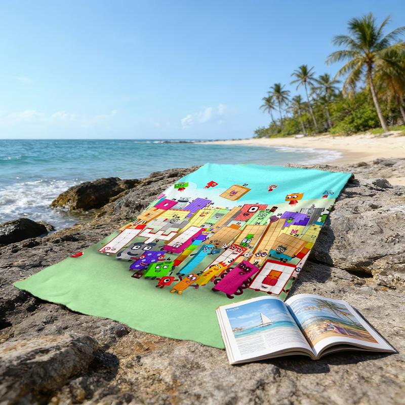1pc 3D-Number-Blocks-Cartoon Beach Towel, Sports Cape, Beach and Seaside Swimming Pool Equipment, Fashion Pattern, Rectangular, Travel Essentials