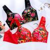 E-Cup Plus-Size-BH, dünn, sexy Blumenmuster, kein Stahlring, rot, gerafftes Bralette, unsichtbarer Push-Up-BH, ausgefallene Unterwäsche, sinnliche Dessous