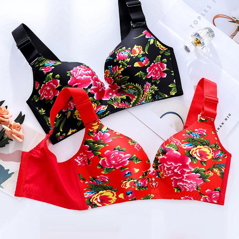 E-Cup Plus-Size-BH, dünn, sexy Blumenmuster, kein Stahlring, rot, gerafftes Bralette, unsichtbarer Push-Up-BH, ausgefallene Unterwäsche, sinnliche Dessous