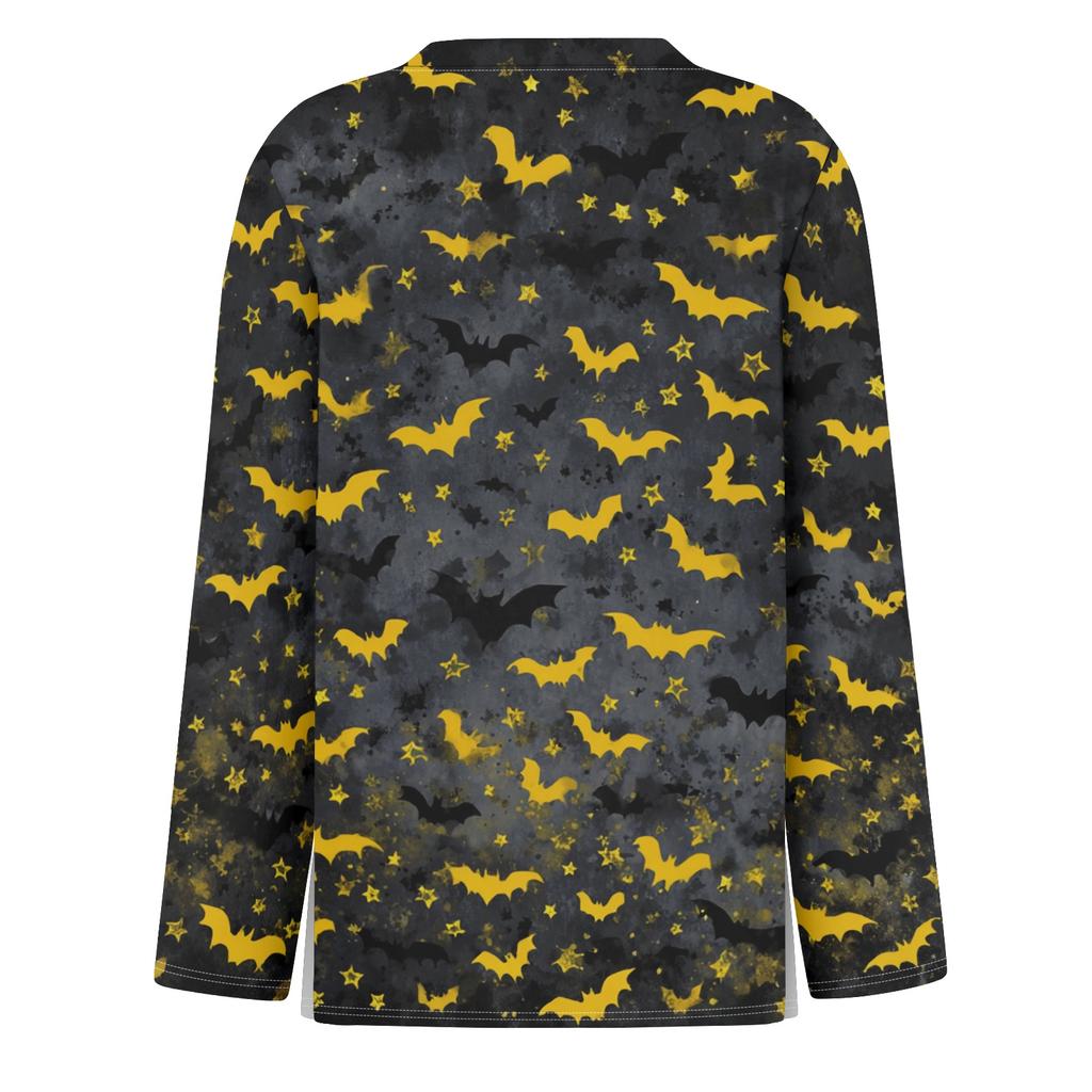 Women's Halloween Print Long Sleeve Top with Side Slit Round Neck for Casual Everyday Wear