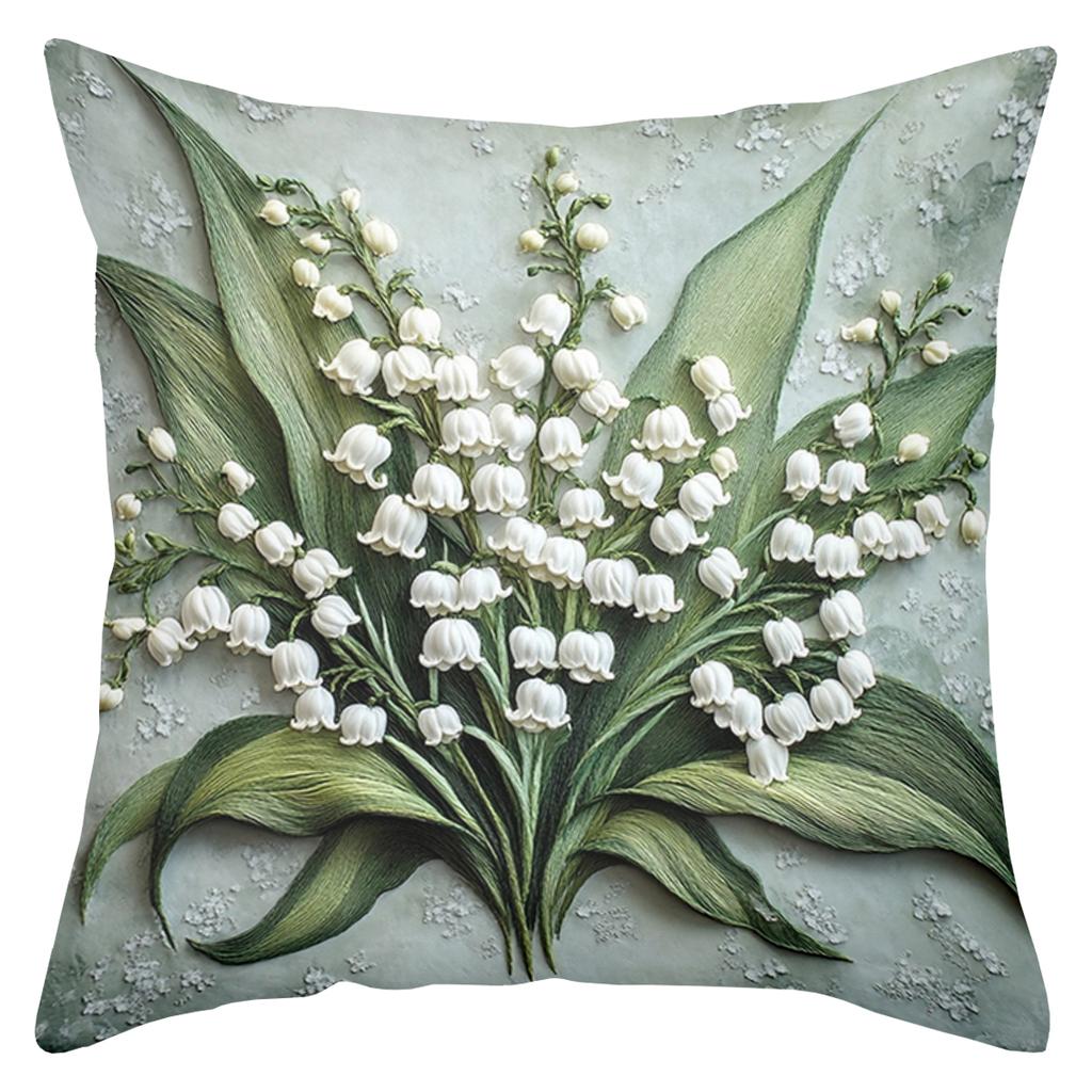 2D Flat Printing Lily of The Valley and Butterfly Pattern Cushions Polyester Pillowcase Sofa Decorative Cushion Cover