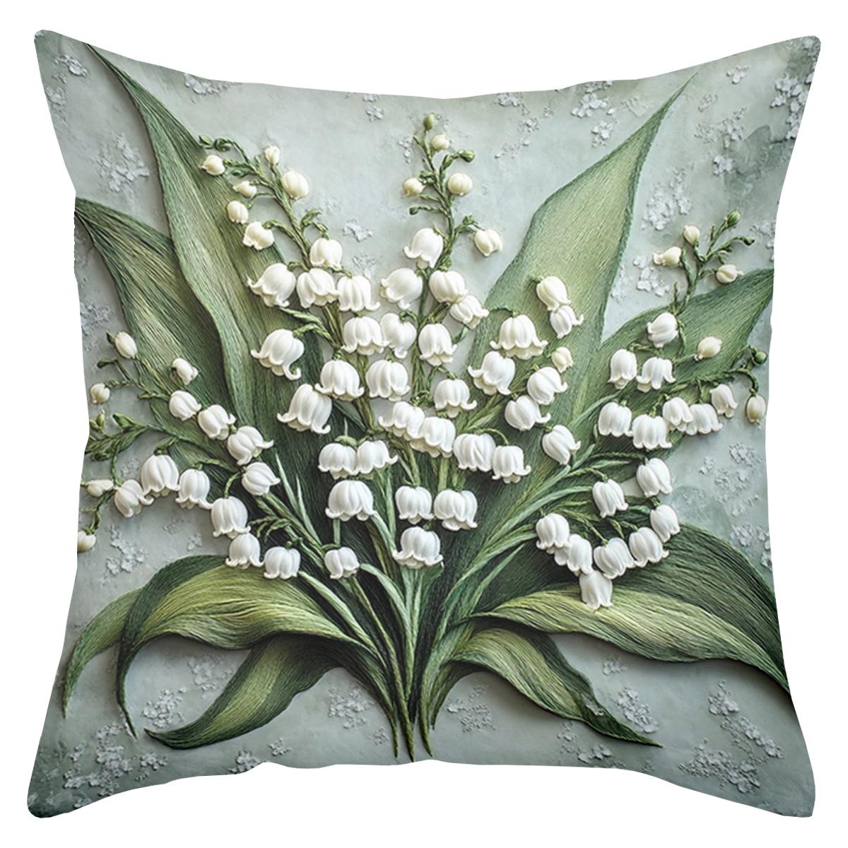 

2D Flat Printing Lily of The Valley and Butterfly Pattern Cushions Polyester Pillowcase Sofa Decorative Cushion Cover 45x45cm