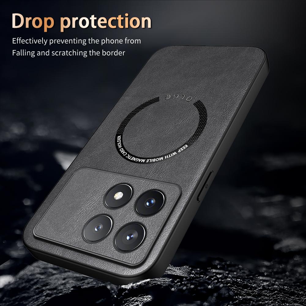 Luxury Leather Magnetic Magsafe Case for POCO X6 X5 Pro F5 Pro C65 M6 Car Mount Case Silicone Shockproof Full Protection Cover