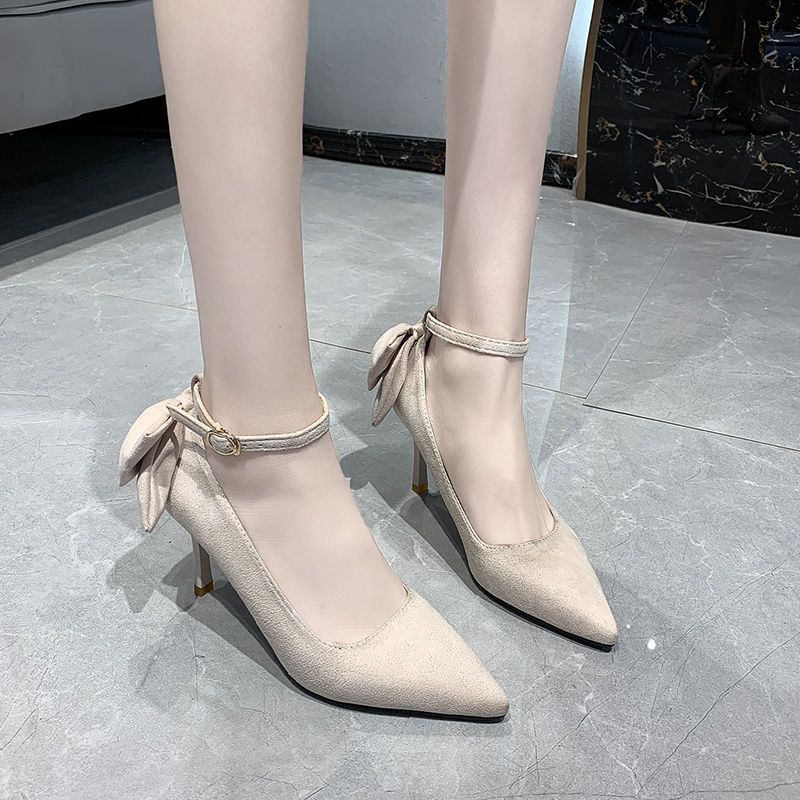 

Женские туфли-лодочки на остром высоком каблуке, тонкий каблук, осень 2025, новая универсальная модель с ремешком на щиколотке, темпераментные женские туфли с бантом, с открытым вырезом, одинарные туфли 34