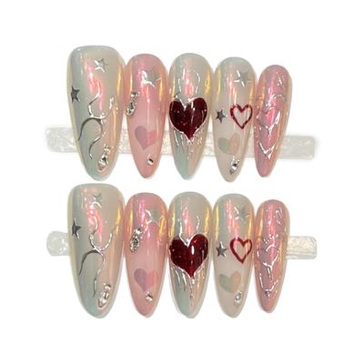 10Pcs Fake Nails Long Oval Pointed With Aurora Gradient And Hand Drawn Heart Design For Electric Punk Style Fashion Nail Art